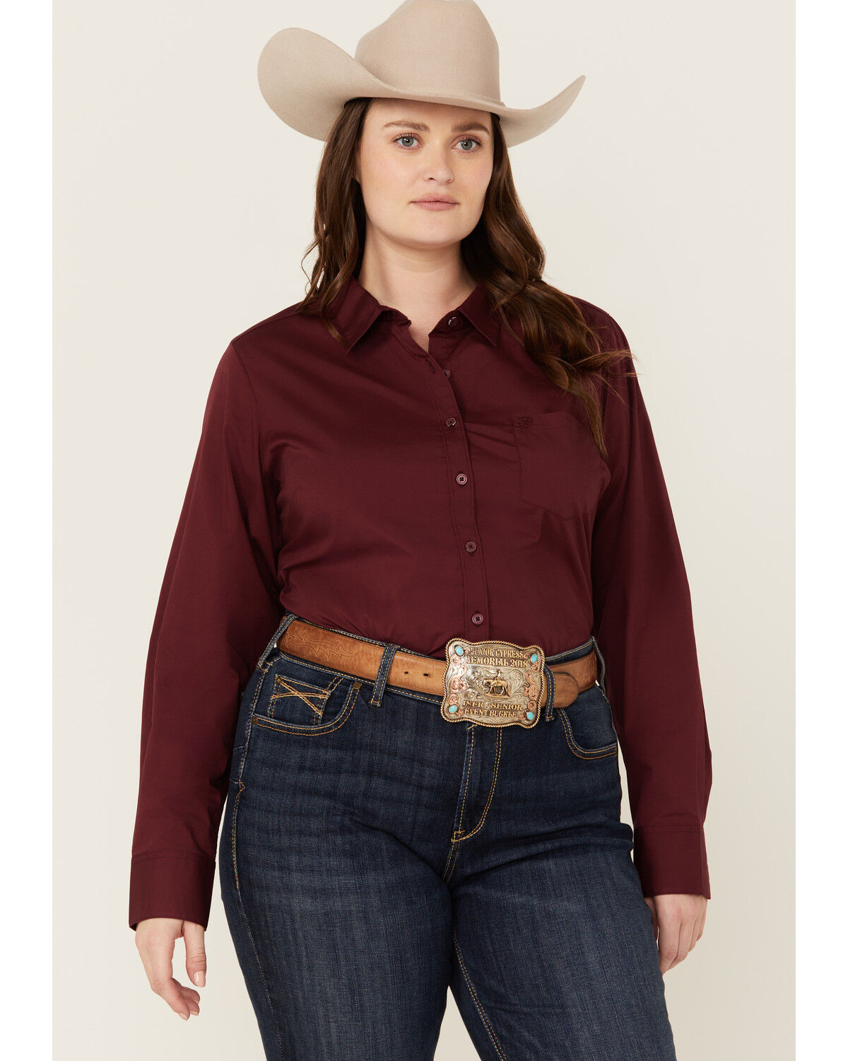 Image #1 - Ariat Women's Kirby Long Sleeve Button-Down Stretch Western Shirt - Plus, Burgundy, hi-res