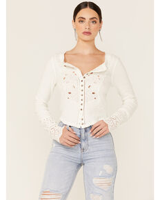 Free People Women's Long Sleeve Rouge-Colored Floral Embroidered Button Down Shirt, Ivory, hi-res