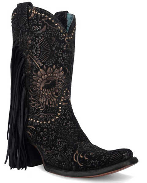 Corral Women's Stamped Floral Suede Fringe Western Boots - Square Toe , Gold, hi-res