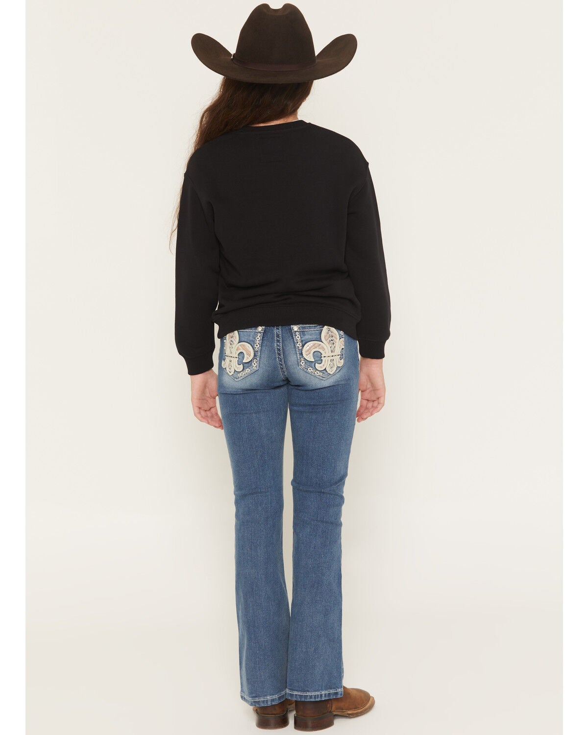 Image #1 - Miss Me Girls' Medium Wash Fleur de Lis Pocket Bootcut Denim Jeans, Medium Wash, hi-res