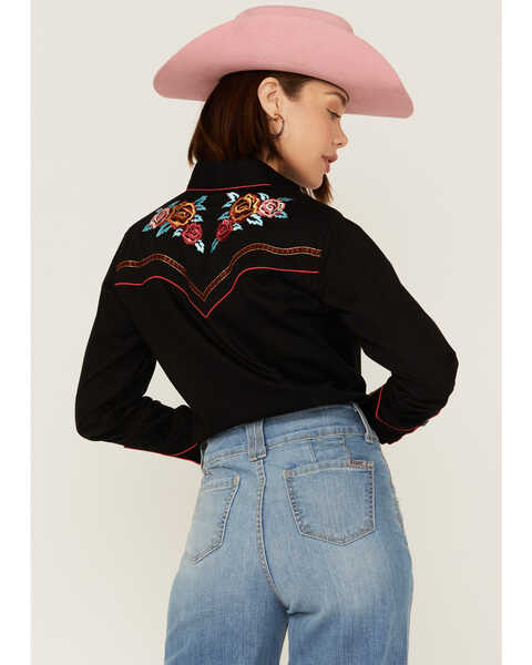 Image #3 - Rockmount Ranchwear Women's Vintage Rose Bouquet Embroidered Pearl Snap Western Shirt, Black, hi-res