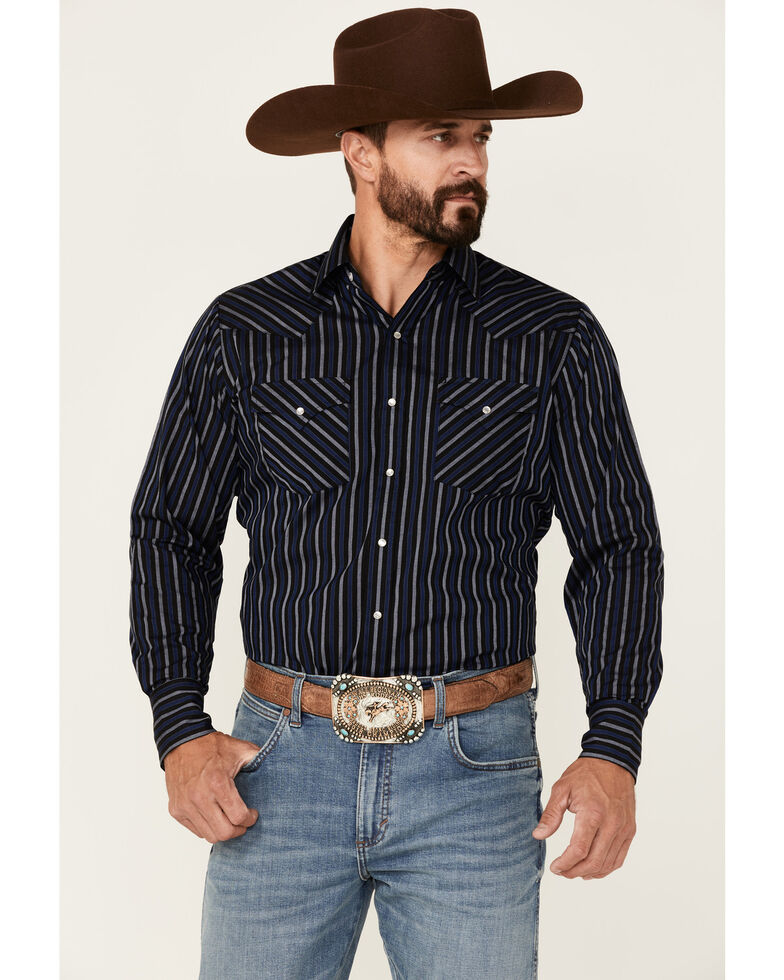 Ely Walker Men's Navy & White Stripe Long Sleeve Snap Western Shirt , Navy, hi-res