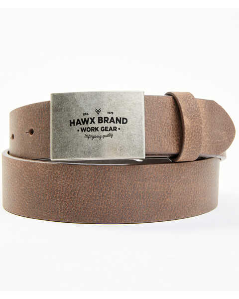 Hawx Men's Silver Plaque Logo Buckle Leather Belt, Brown, hi-res