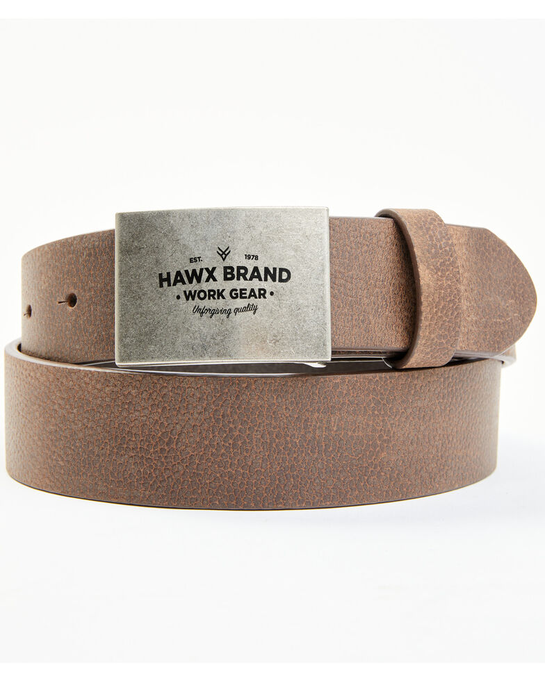 Hawx Men's Silver Plaque Logo Buckle Brown Leather Belt, Brown, hi-res