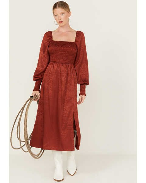 Wrangler Women's Jacquard Print Slit Long Sleeve Midi Dress , Rust Copper, hi-res