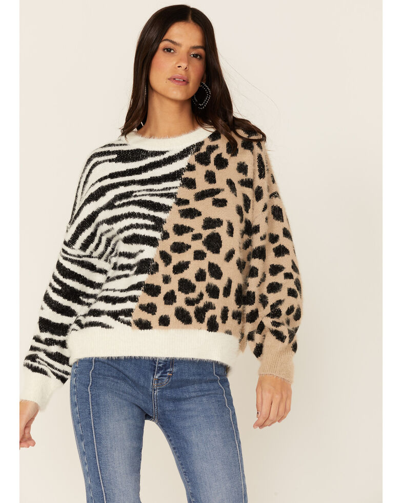 Revel Women's Black & Taupe Long Sleeve Zebra Leopard Mixed Print Pullover Sweater, Taupe, hi-res