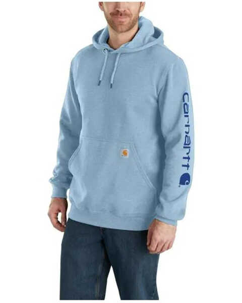 Carhartt Men's Loose Fit Midweight Logo Sleeve Graphic Hooded Sweatshirt, Light Blue, hi-res