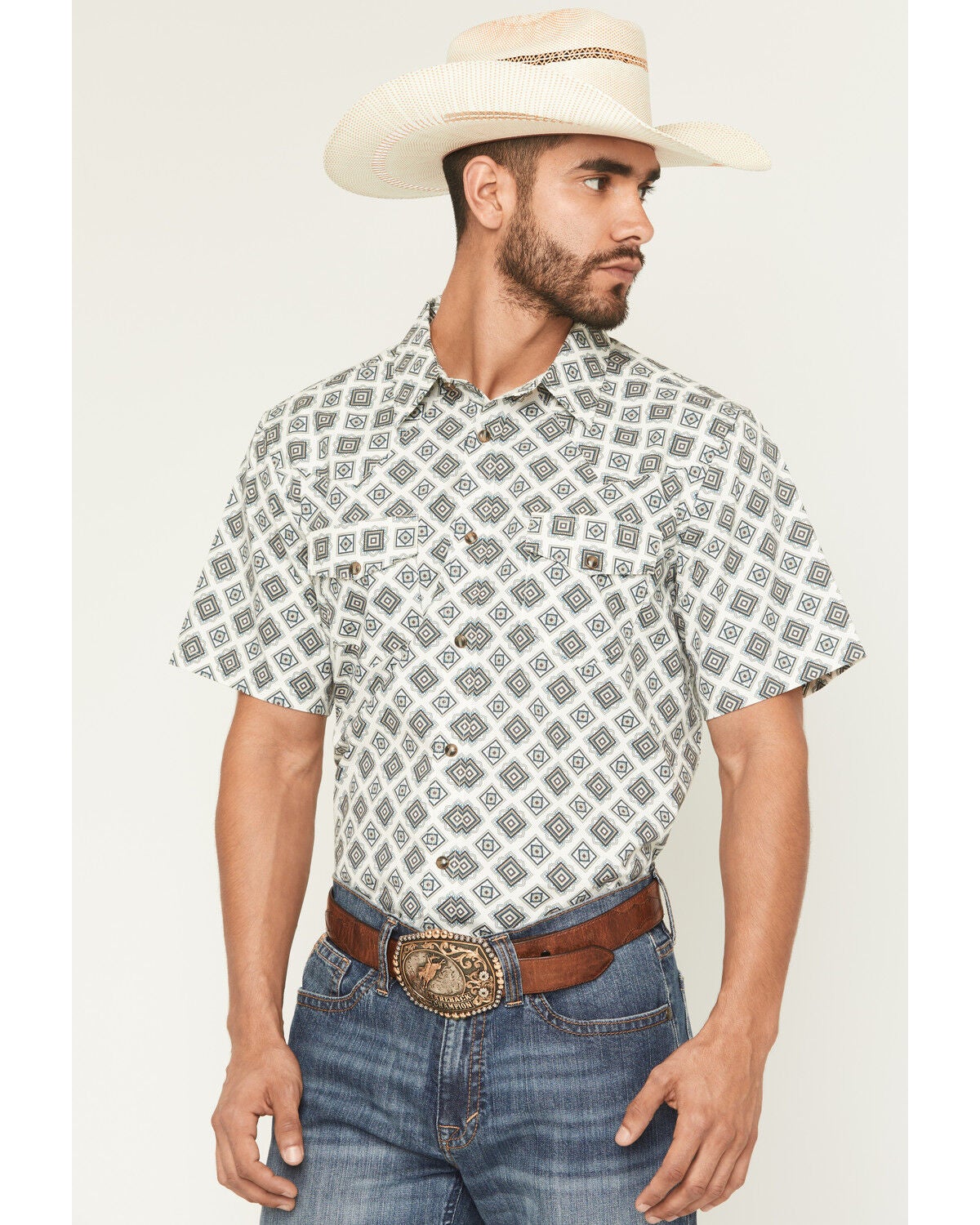 Image #1 - Gibson Trading Co Men's Time Warp Medallion Print Short Sleeve Snap Western Shirt - Big, Ivory, hi-res
