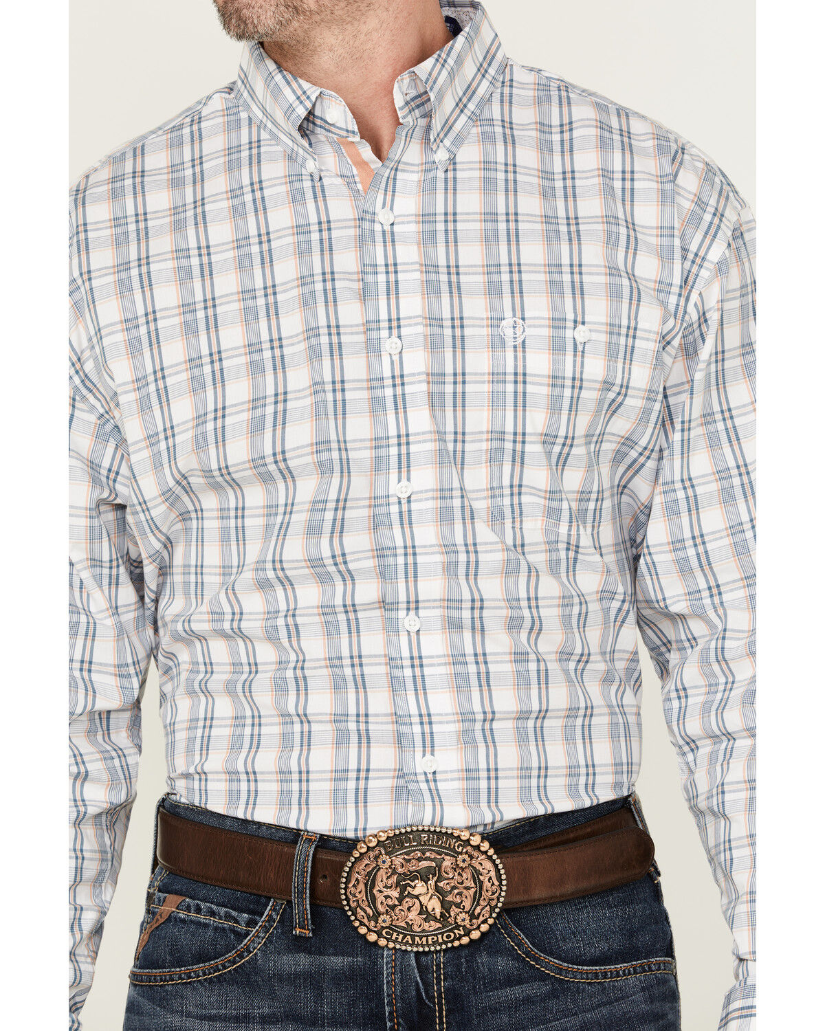 Image #3 - George Strait By Wrangler Men's Plaid Print Long Sleeve Button-Down Stretch Shirt, White, hi-res
