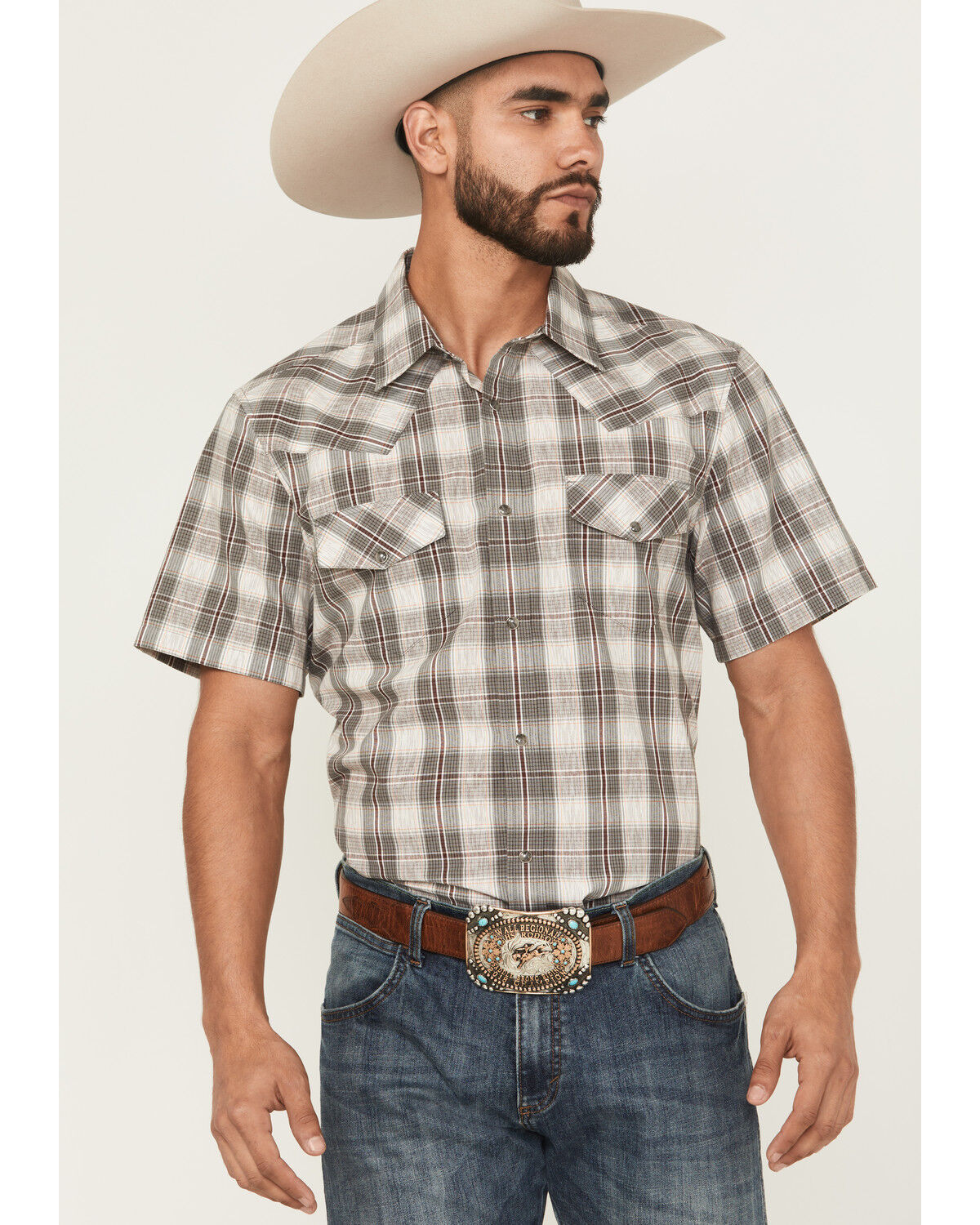 Image #1 - Gibson Trading Co Men's Starlink Plaid Print Short Sleeve Snap Western Shirt - Big, Grey, hi-res