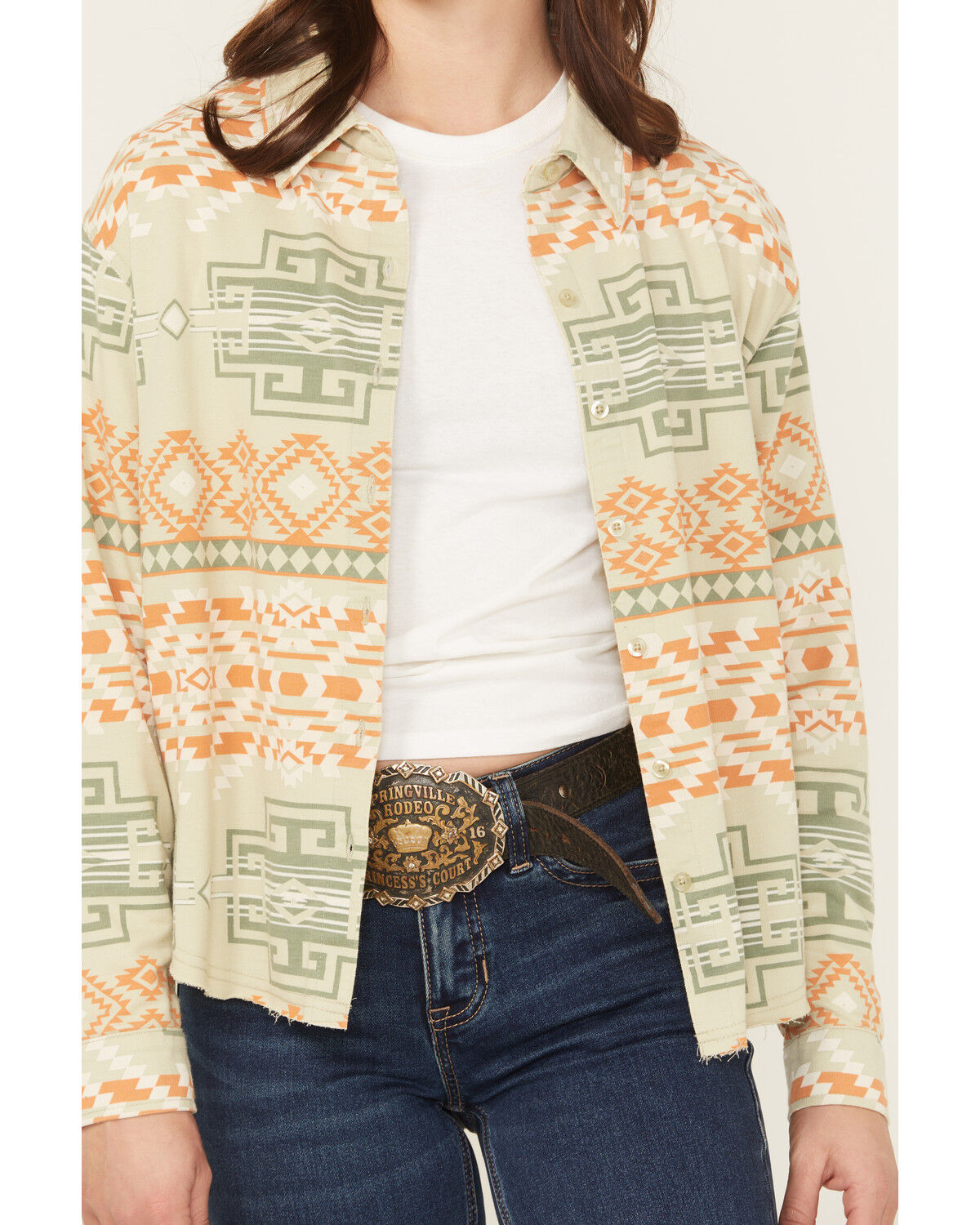 Image #3 - Rock & Roll Denim Women's Southwestern Print Long Sleeve Button-Down Western Shirt, Green, hi-res