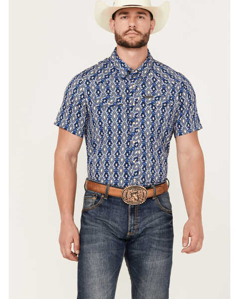 Panhandle Men's Southwestern Print Short Sleeve Snap Performance Western Shirt, Blue, hi-res