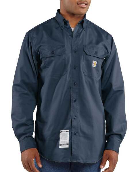 Carhartt Men's Solid FR Long Sleeve Button Down Work Shirt - Big & Tall, Navy, hi-res
