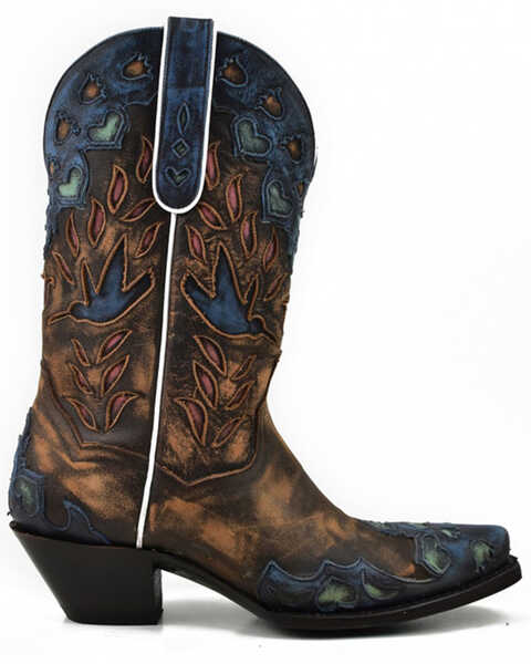 Image #2 - Dan Post Women's Humming Bird Heart and Floral Inlay Western Boots - Snip Toe , Orange, hi-res