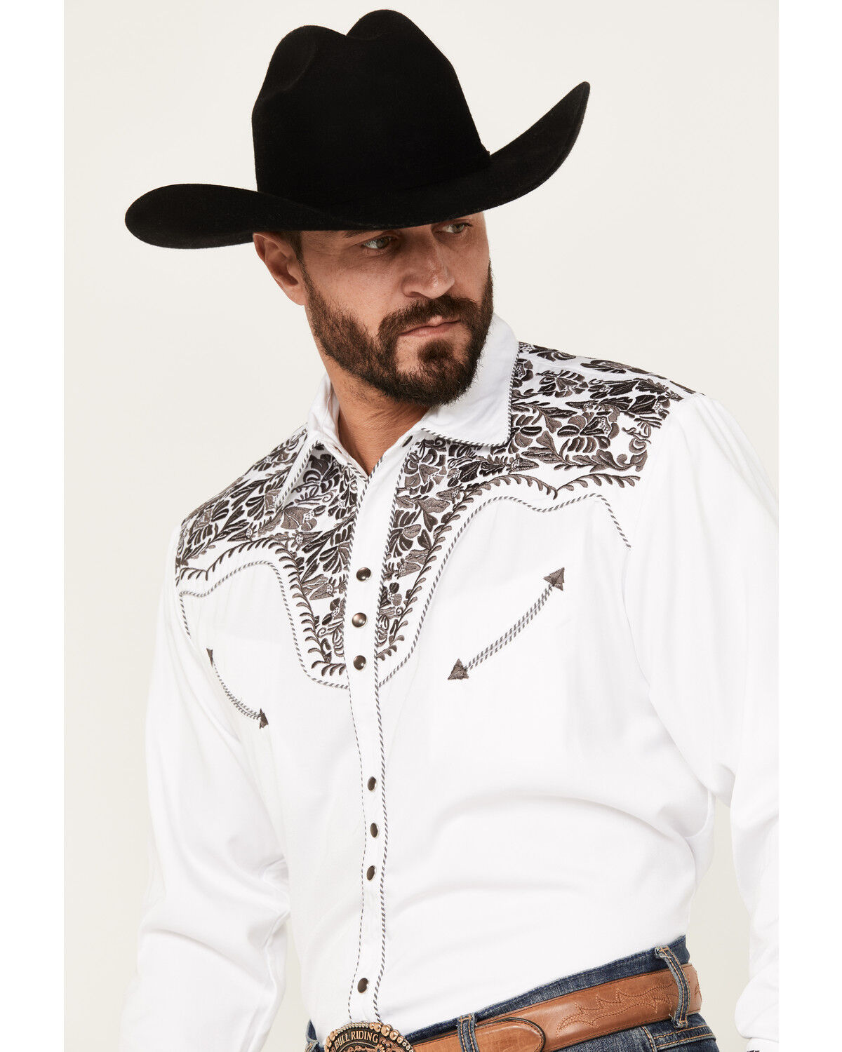 Image #2 - Scully Men's Embroidered Gunfighter Long Sleeve Snap Western Shirt, Steel, hi-res