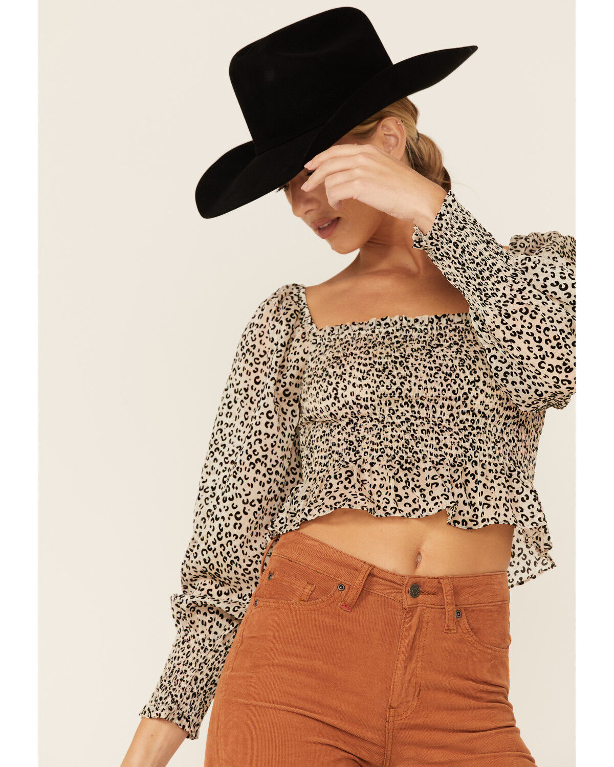 Image #2 - Lush Women's Long Sleeve Cheetah Smocked Crop Top, , hi-res
