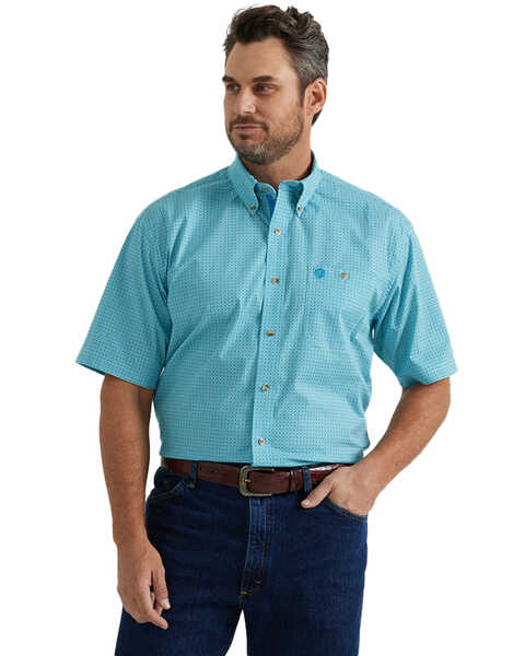 George Strait by Wrangler Men's Geo Print Short Sleeve Button-Down Stretch Western Shirt - Big, Turquoise, hi-res