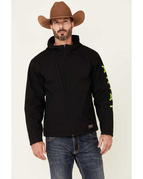 Image #1 - Ariat Men's Black & Lime Rebar Stretch Canvas Softshell Logo Zip-Front Work Jacket , Bright Green, hi-res