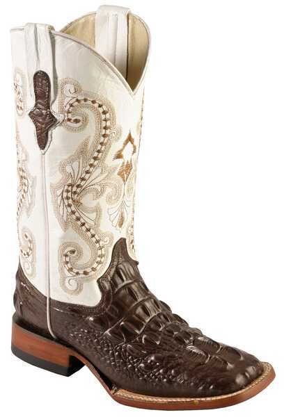 Image #1 - Ferrini Women's Hornback Caiman Print Western Boots - Broad Square Toe, Chocolate, hi-res