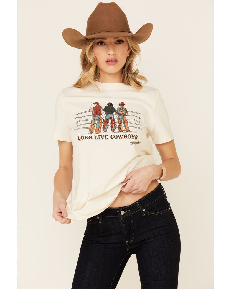 Wrangler Women's Long Live Cowboys Fence Graphic Short Sleeve Tee, Cream, hi-res