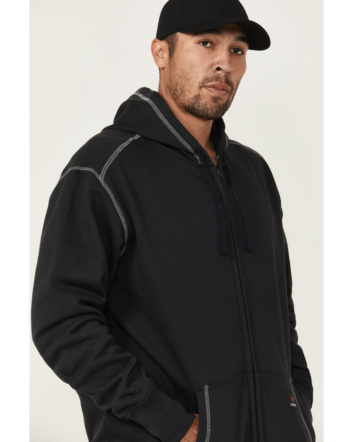 Image #2 - Forge Workwear Men's FR Solid Contrast Stitch Zip Hooded Jacket, Navy, hi-res