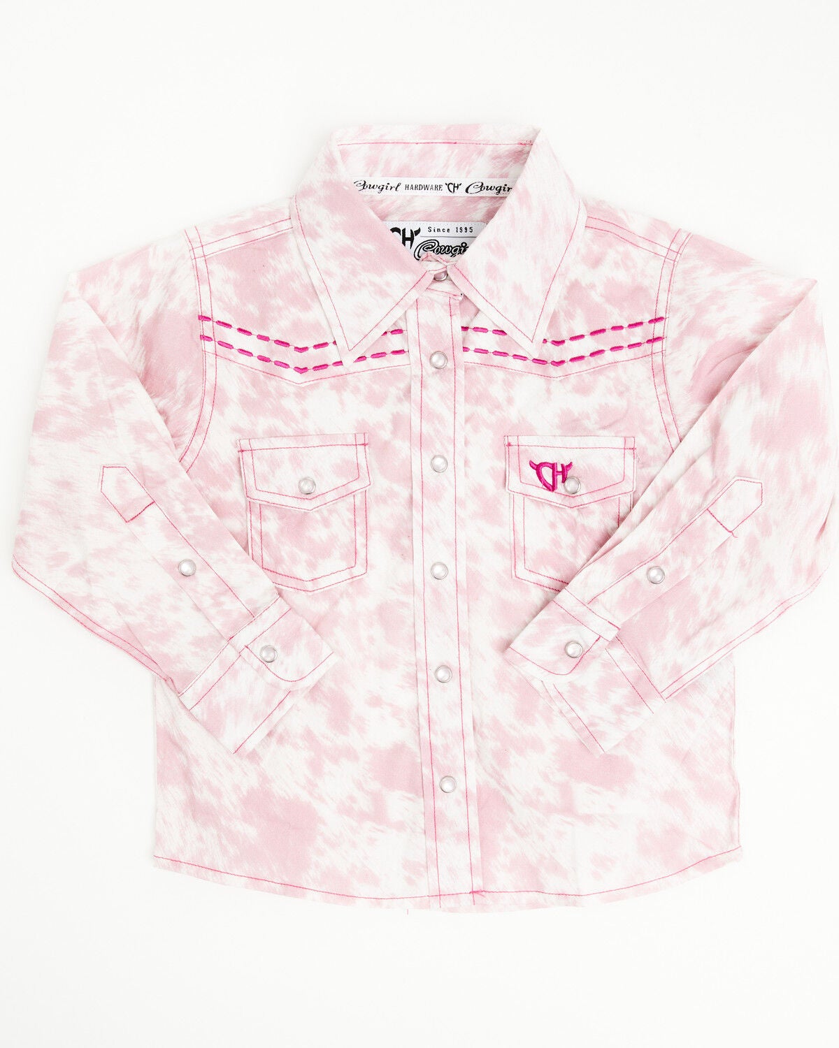Image #1 - Cowgirl Hardware Toddler Girls' Cowhide Print Long Sleeve Snap Western Shirt, Pink, hi-res
