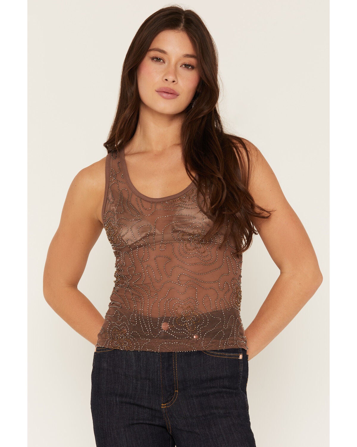 Image #1 - Miss Me Women's Beaded Tank Top, Brown, hi-res