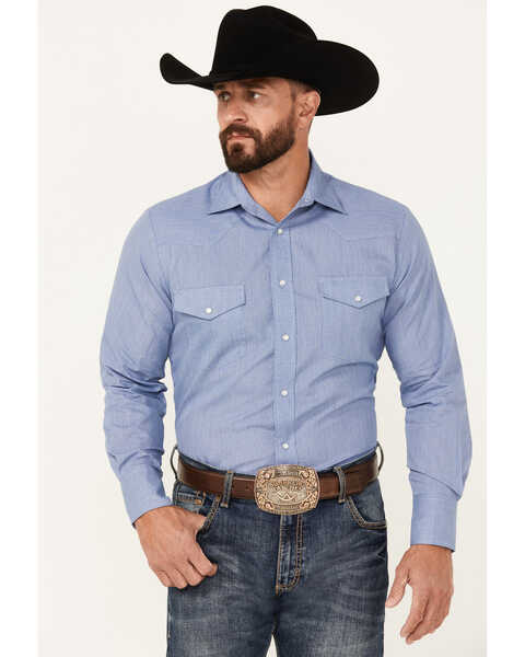 Image #1 - Roper Men's Printed Long Sleeve Pearl Snap Western Shirt, Blue, hi-res