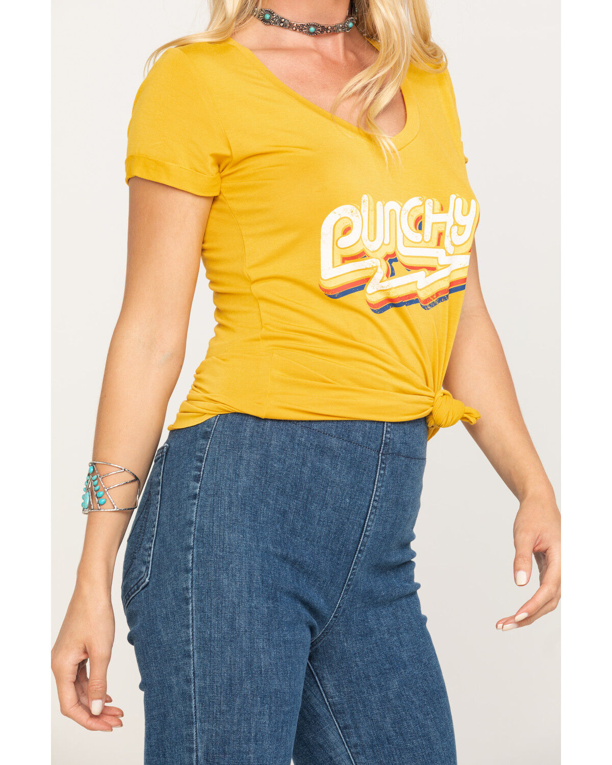Image #4 - Rock & Roll Denim Women's V-Neck Punchy Graphic Tee, Dark Yellow, hi-res