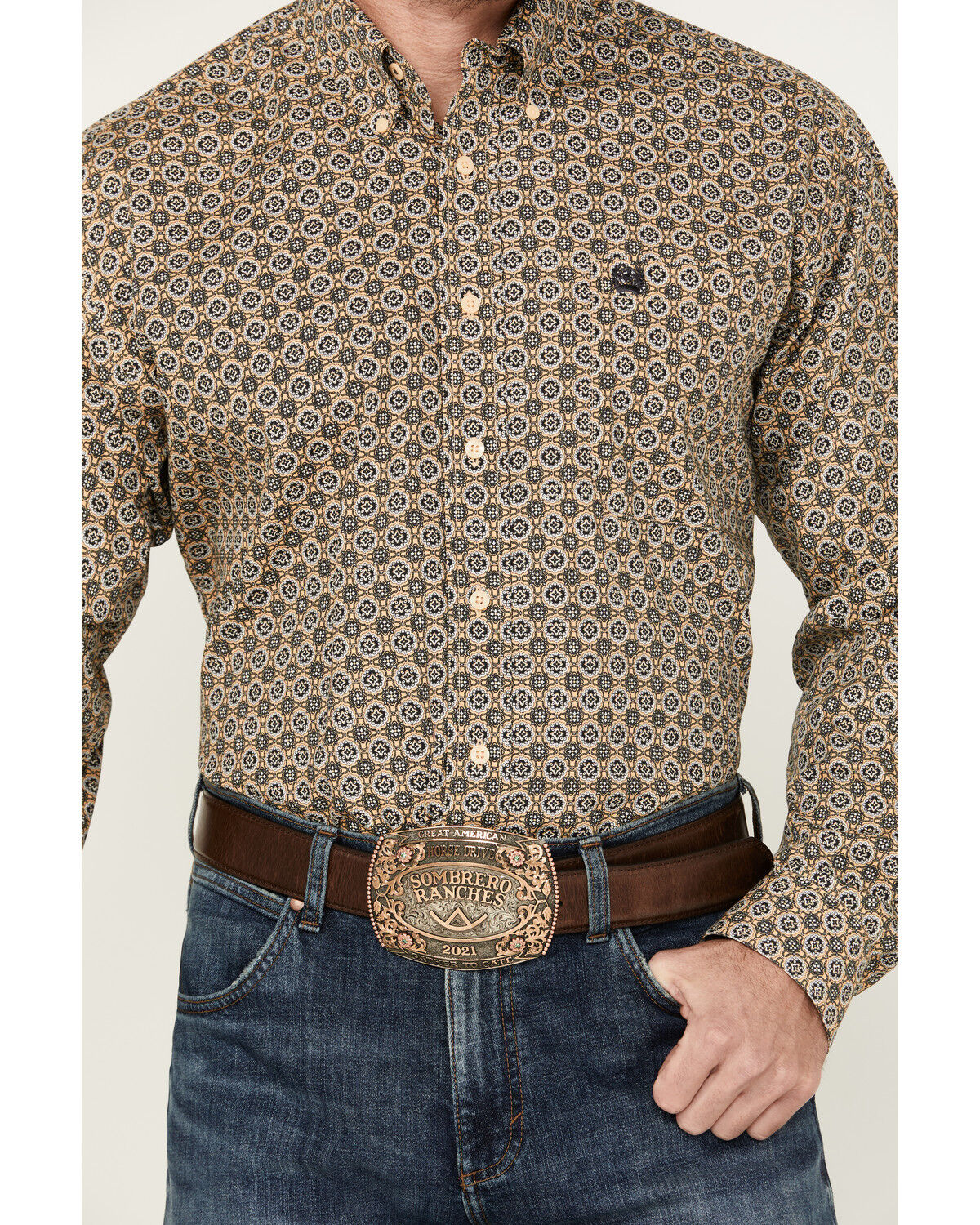 Image #3 - Cinch Men's Medallion Print Long Sleeve Button-Down Western Shirt, Gold, hi-res