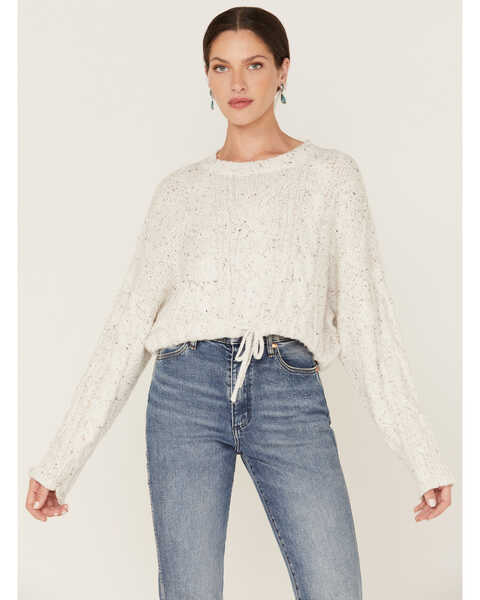 Wild Moss Women's Speckled Cable Knit Cropped Sweater, Ivory, hi-res