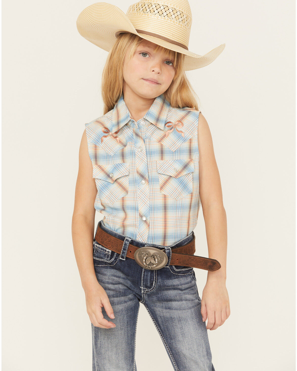 Image #1 - Ely Walker Girls' Plaid Print Sleeveless Snap Western Shirt, Blue, hi-res