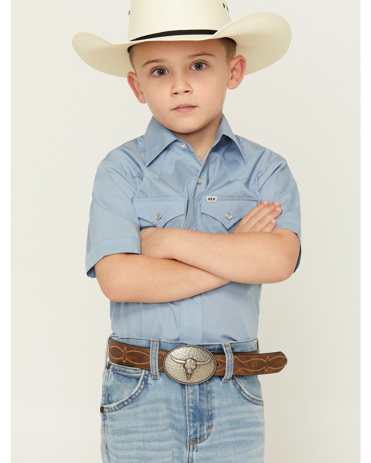 Ely Walker Boys' Solid Short Sleeve Pearl Snap Western Shirt, Blue, hi-res