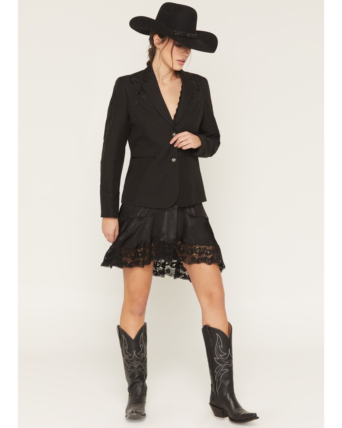 Scully Women's Tonal Scroll Embroidered Button-Down Blazer, Black, hi-res