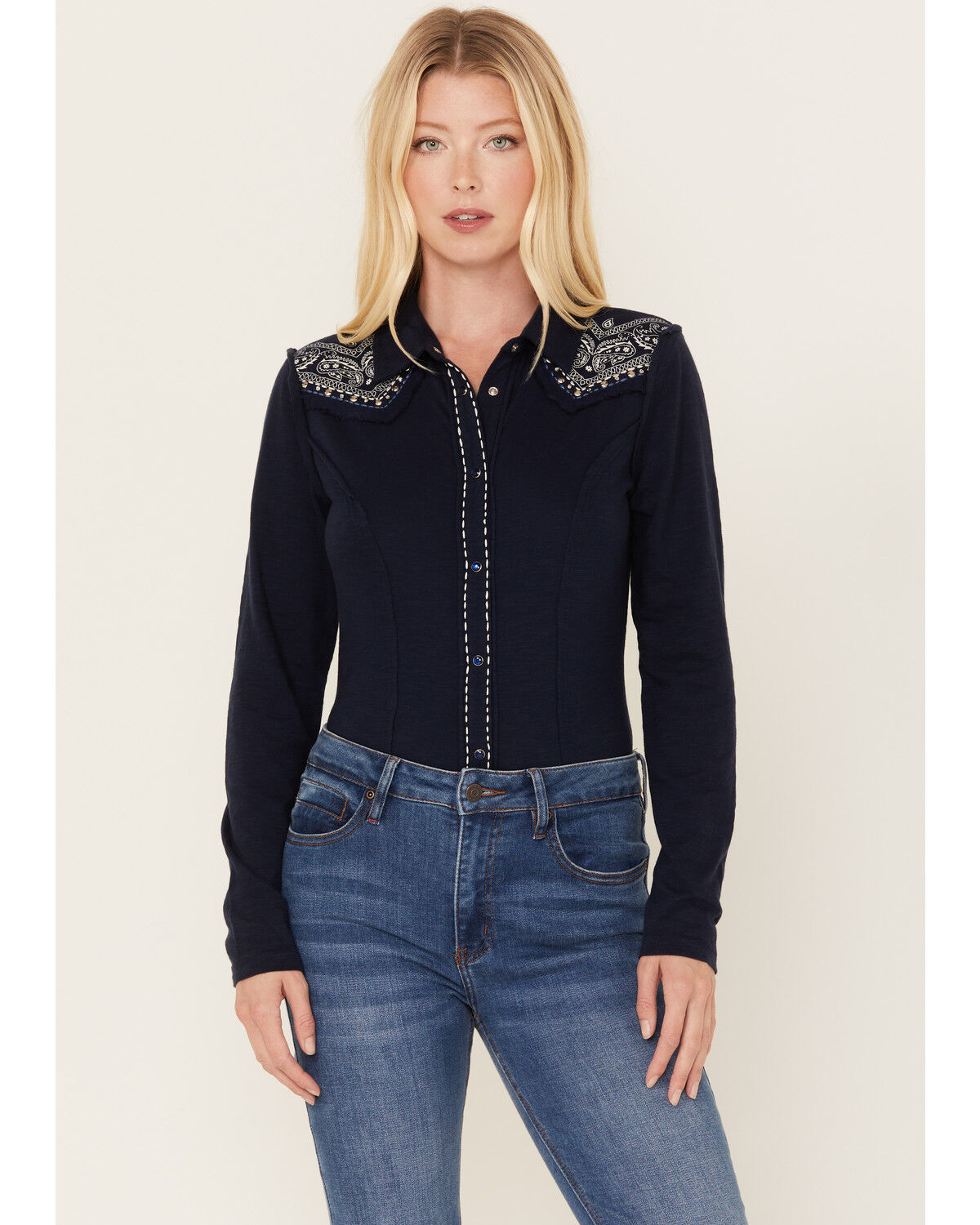 Image #1 - Idyllwind Women's Sawyer Bandana Studded Snappy Western Shirt, Indigo, hi-res