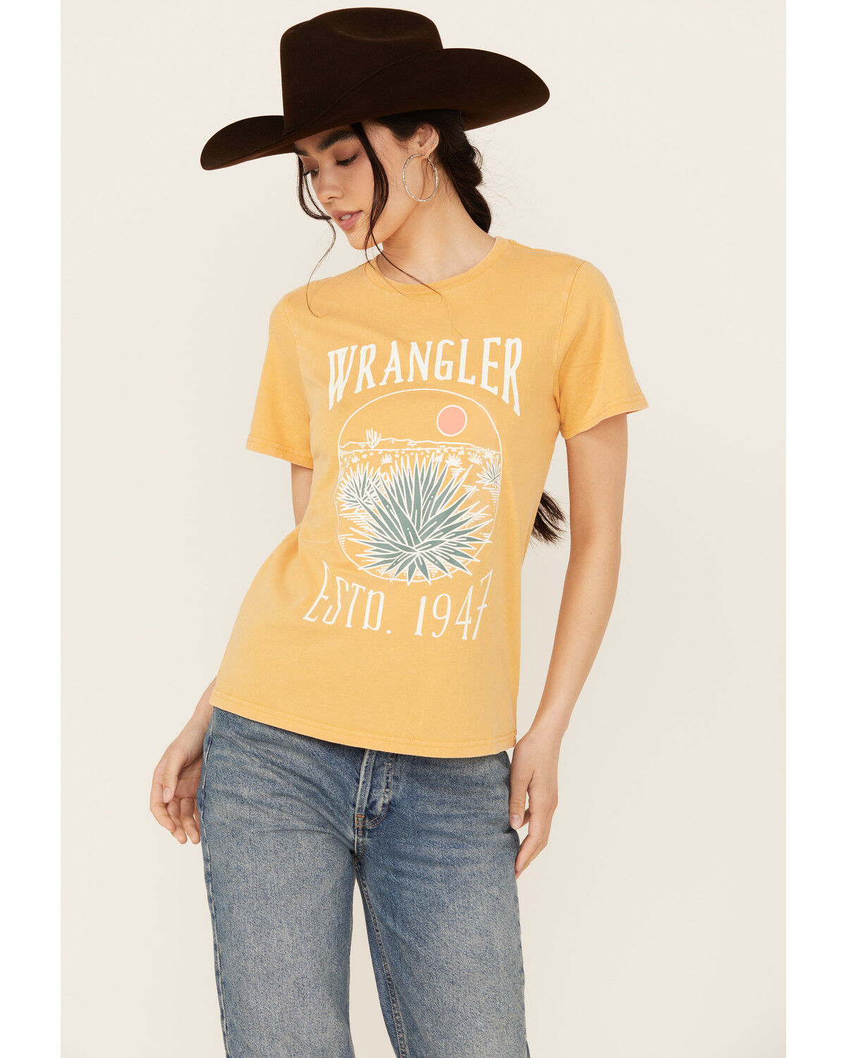 Image #1 - Wrangler Women's Boot Barn Exclusive Desert Short Sleeve Graphic Tee, Yellow, hi-res
