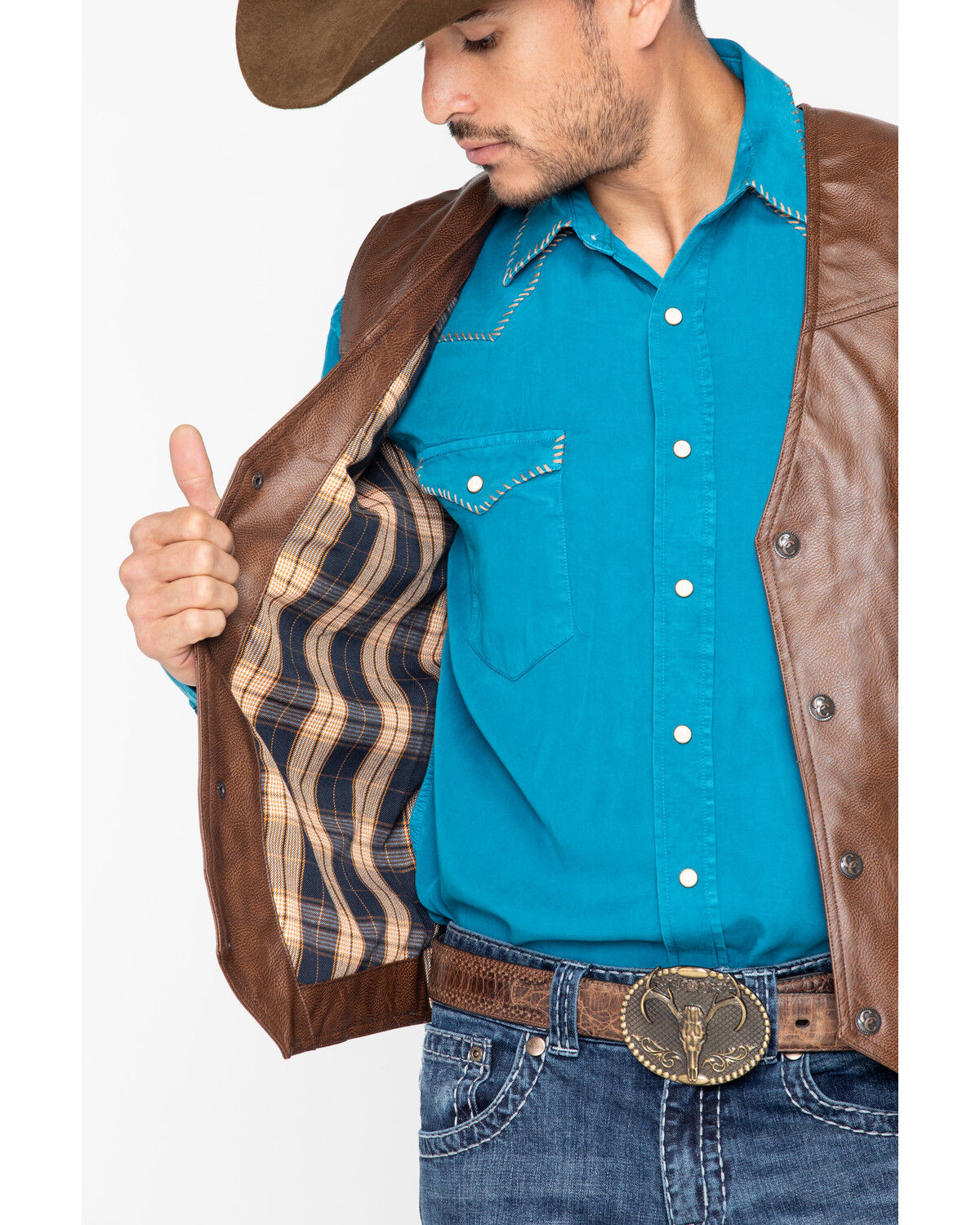 Image #9 - Cripple Creek Men's Whiskey Brown Faux Leather Vest, Med Brown, hi-res