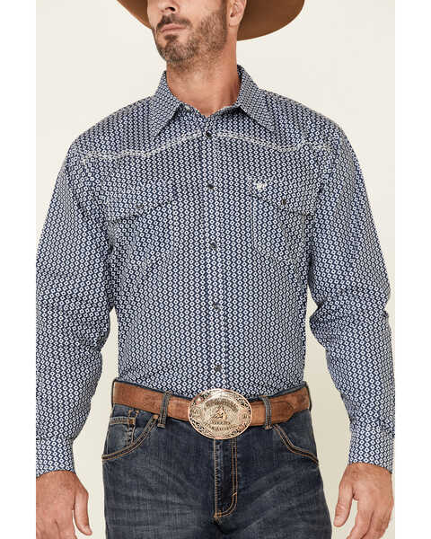 Image #3 - Cowboy Hardware Men's Navy Geo Print Long Sleeve Snap Western Shirt , Navy, hi-res