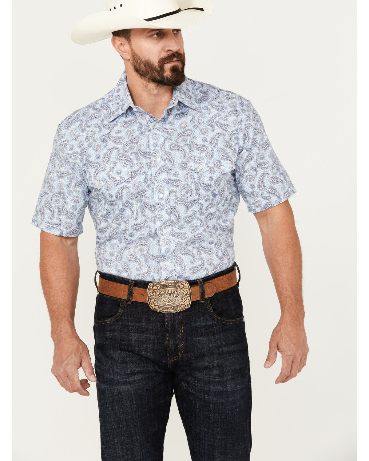 Image #1 - Rough Stock by Panhandle Men's Stretch Paisley Print Short Sleeve Pearl Snap Western Shirt, , hi-res