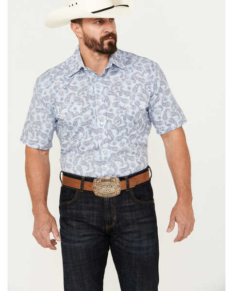 Rough Stock by Panhandle Men's Stretch Paisley Print Short Sleeve Pearl Snap Western Shirt, Blue, hi-res