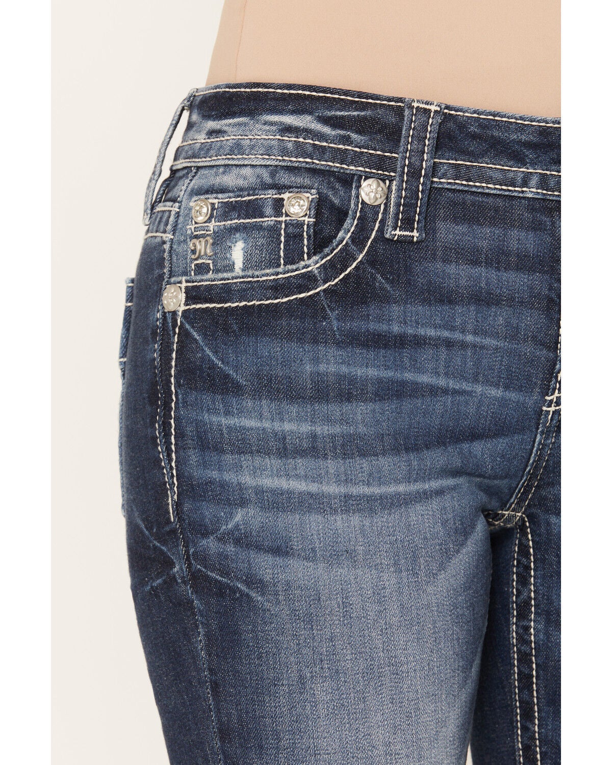 Image #4 - Miss Me Women's Dark Wash Mid Rise Winged Pocket 32" Bootcut Stretch Denim Jeans, Dark Wash, hi-res