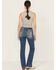 Image #1 - Miss Me Women's Medium Wash Mid Rise Fleur de Lis Pocket Bootcut Stretch Denim Jeans, Medium Wash, hi-res