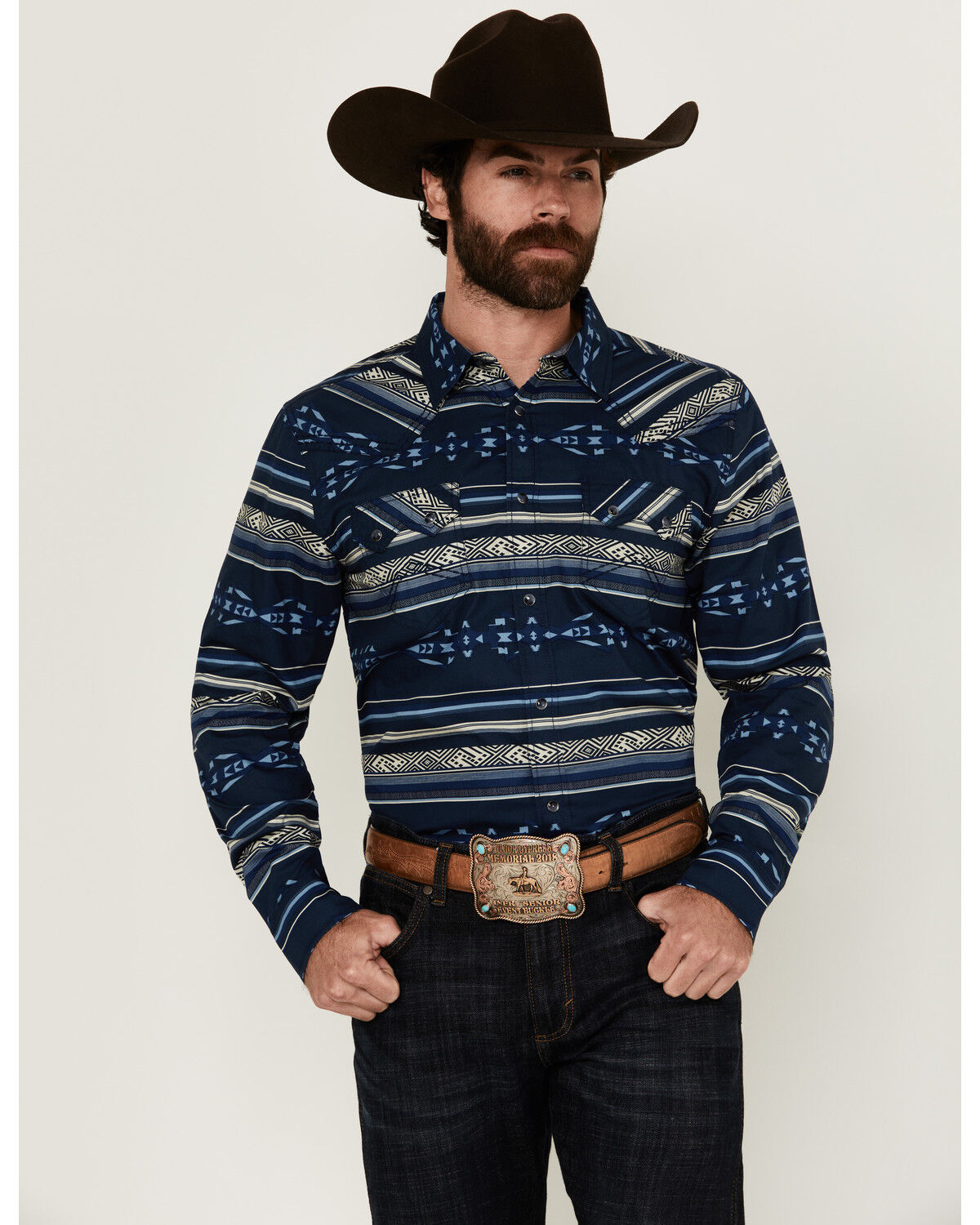 Image #1 - Cody James Men's Distance Southwestern Striped Long Sleeve Snap Western Shirt, Navy, hi-res