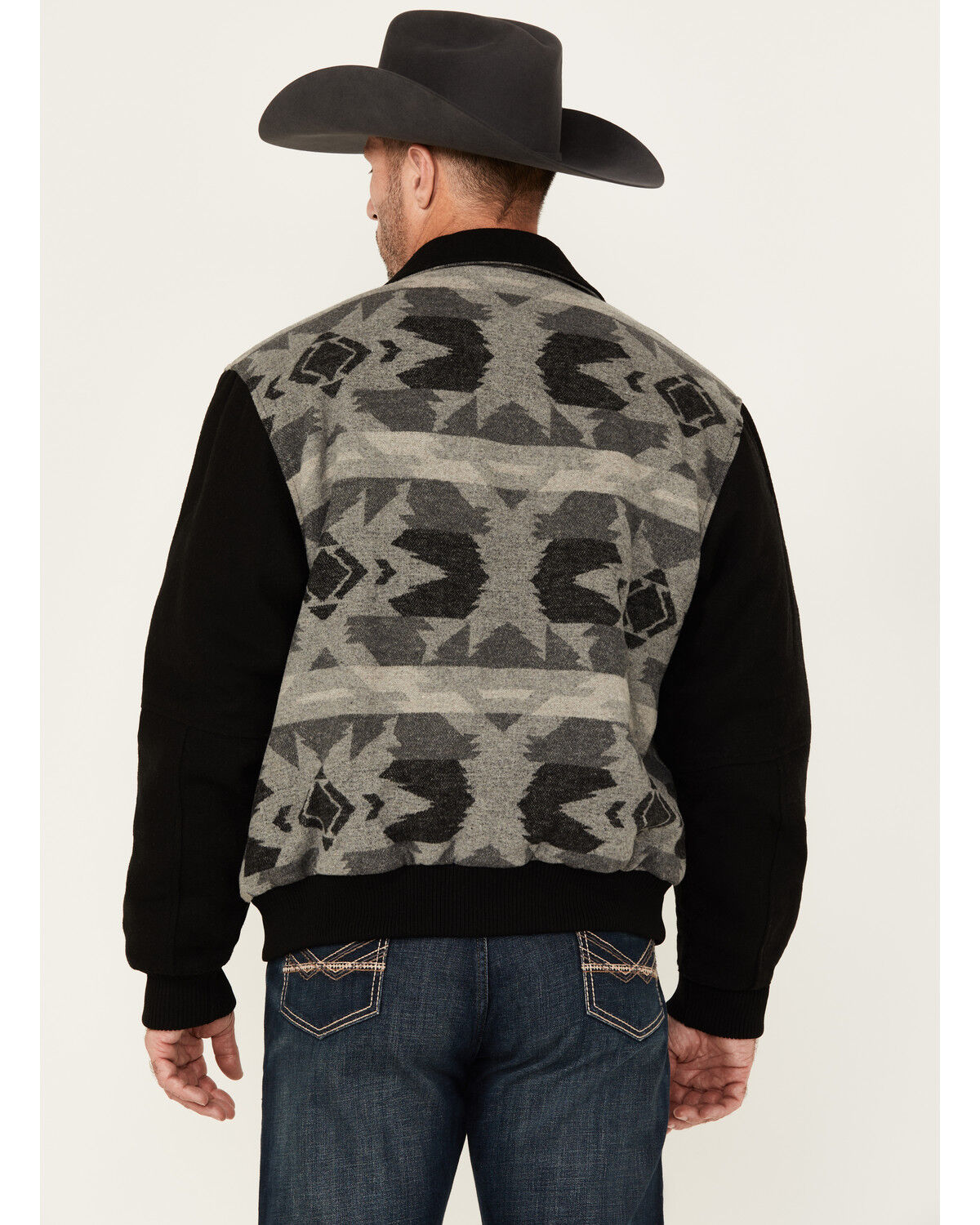 Image #4 - Cripple Creek Men's Southwestern Print Wool Bomber Jacket, Black, hi-res