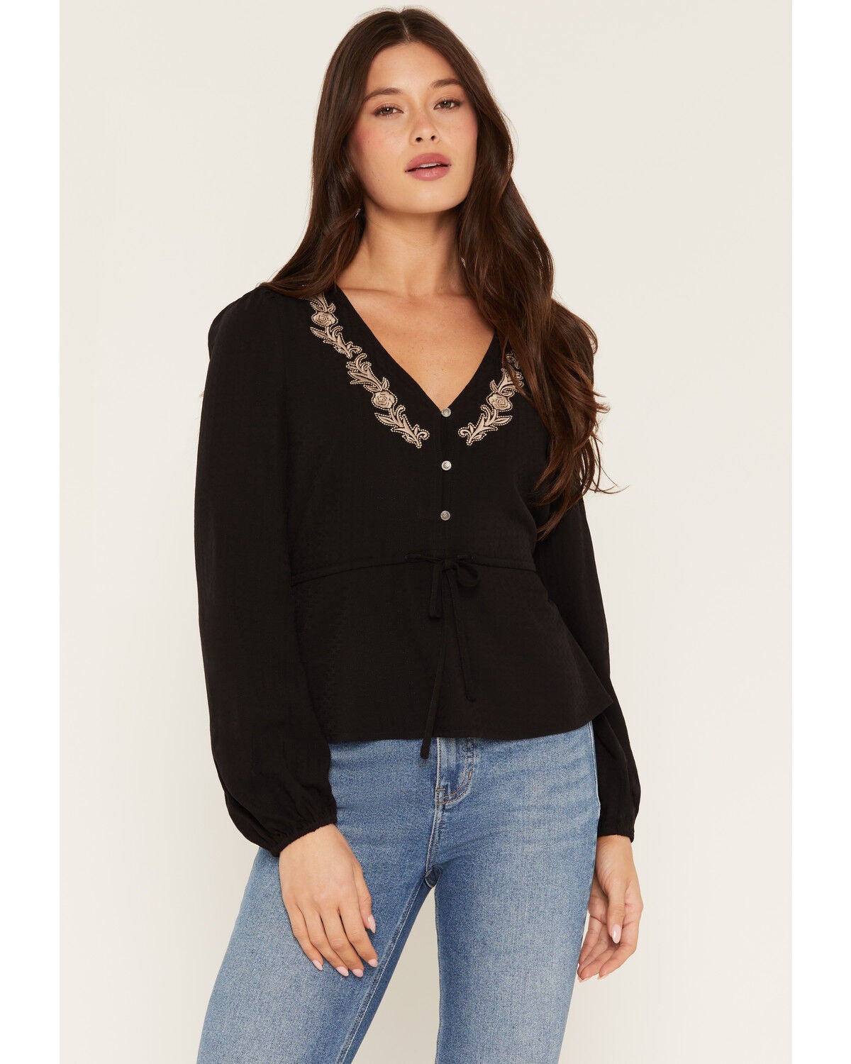 Idyllwind Women's Marcella Embroidered Long Sleeve Button-Down Shirt, Black, hi-res