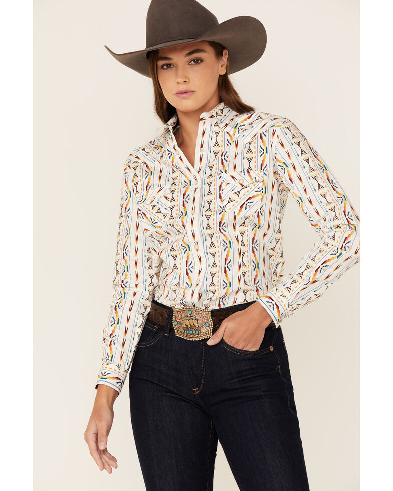 Panhandle Women's White Rainbow Woven Southwestern Snap Shirt, White, hi-res