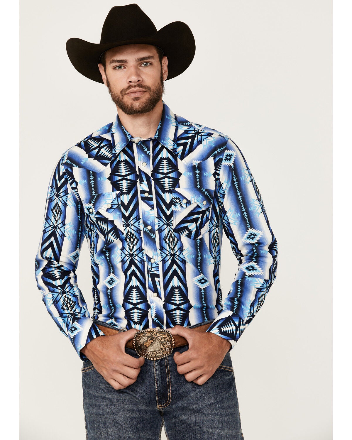 Image #1 - Rock & Roll Denim Men's Southwestern Print Long Sleeve Snap Stretch Western Shirt, , hi-res