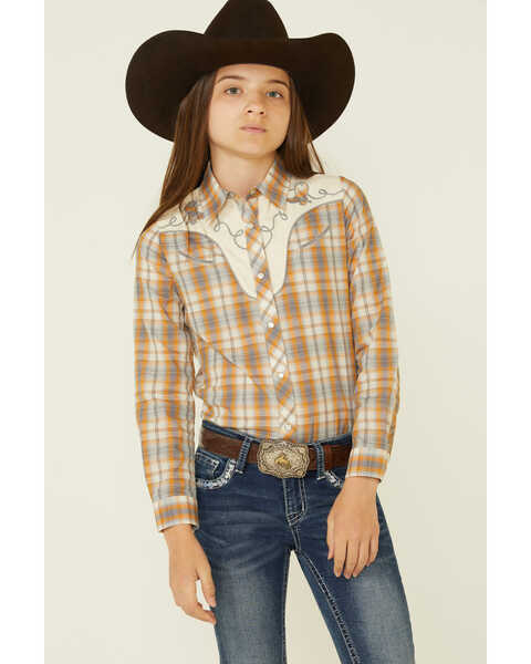 Roper Girls' Plaid Print Fancy Applique Yoke Long Sleeve Pearl Snap Western Shirt , Mustard, hi-res