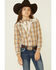Image #1 - Roper Girls' Plaid Print Fancy Applique Yoke Long Sleeve Pearl Snap Western Shirt, Mustard, hi-res