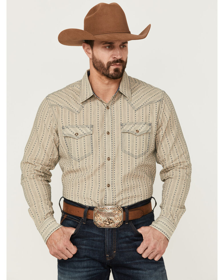 Moonshine Spirit Men's Dobby Stripe Long Sleeve Snap Western Shirt , Tan, hi-res